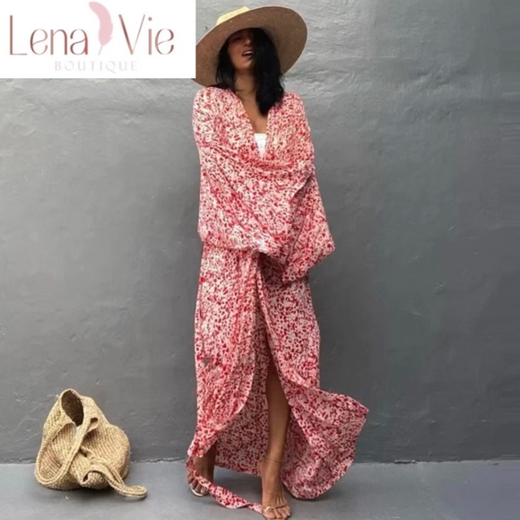 Palie Pink Leopard Long Cotton Kimono Duster, Leopard Beach Maxi Coverup, S-3X - Picture 2 of 10